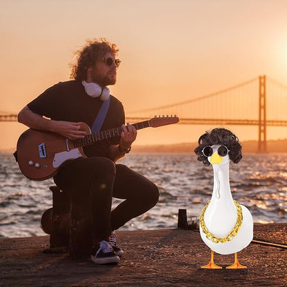 DECOHS 3 Pcs/Set Cool Porch Goose Outfits, Cool Lawn Goose Statue Costume Clothing, Porch Garden Goose Gold Chain Collar Costume Sunglasses Wig for Outdoor Patio Yard Decoration Pet Cosplay Party