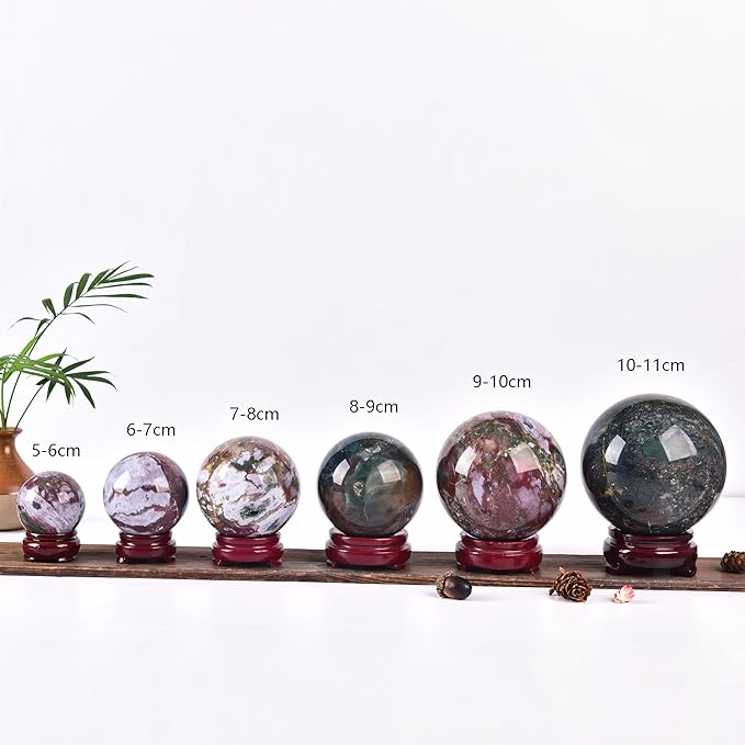 JIC Gem Large Ocean Jasper Crystal Sphere Ball with Wooden Stand Healing Decorative Ball Reiki Healing Gift 100-110mm