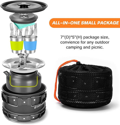 Odoland 16pcs Camping Cookware Mess Kit, with Folding Camping Stove | Anodized Aluminum, for Hiking, Outdoor Cooking and Picnic, 1.9L Pot 0.8L Kettle 0.86L Pan 3000W Stove, Little Compact Pot Set