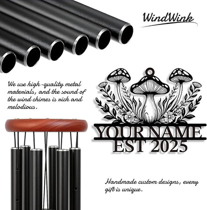 Personalized Customize Name Fantasy Mushroom Wonderland Wind Chime, Metal Iron 37 Inch Outdoor Memorial Gift for Garden Yard Patio Home Decor, Black (Style A)