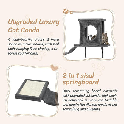 NUNU LAB 7-in-1 Cat Wall Shelves, Wall Mounted Cat Climber Set, Cat Furniture with House, Tunnel, Bridge, Steps, Scratcher, Hammock, Shelves for Indoor, Drak Grey