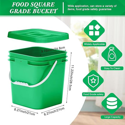 Mumufy 5 Pcs 3.5 Gallon Square Food Grade Bucket with Lid Square Bucket Pail Plastic Handles for Long Term Food Storage, Camping, Fishing, Home Organization Easy Stack and Store (Green)
