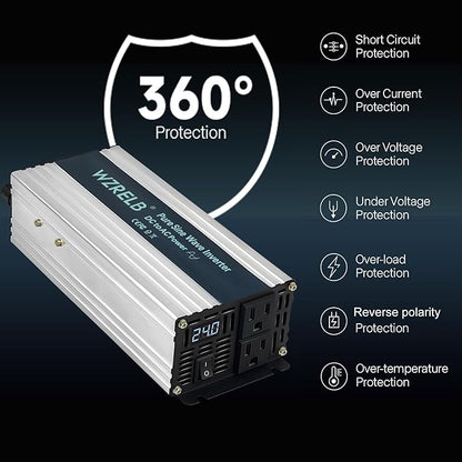 WZRELB 800W Pure Sine Wave Inverter 24V DC to 110V 120V AC Power Converter with LED Display, Off-Grid Portable Power Inverter with 2 AC Outlets for Home, RV, Truck, Camping