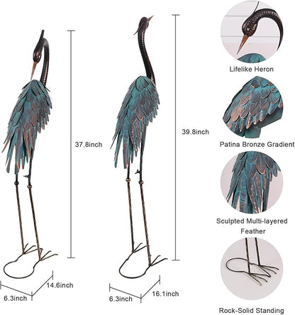 YEAHOME Garden Decor Outdoor Statues, 40"/37" Large Metal Heron Standing Yard Art, Blue Crane Lawn Sculptures Garden Decor for Outside Patio Porch Backyard, Set of 2
