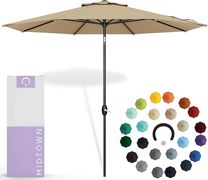 Midtown Umbrellas The Lean 10 Feet Outdoor Umbrella With Sunbrella Heather Tan Acrylic Fabric - 8 Ribs Aluminum Frame Patio Umbrella With Zinc Alloy Crank Lift And Auto-Tilt System