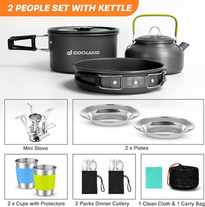 Odoland 16pcs Camping Cookware Mess Kit, with Folding Camping Stove | Anodized Aluminum, for Hiking, Outdoor Cooking and Picnic, 1.9L Pot 0.8L Kettle 0.86L Pan 3000W Stove, Little Compact Pot Set