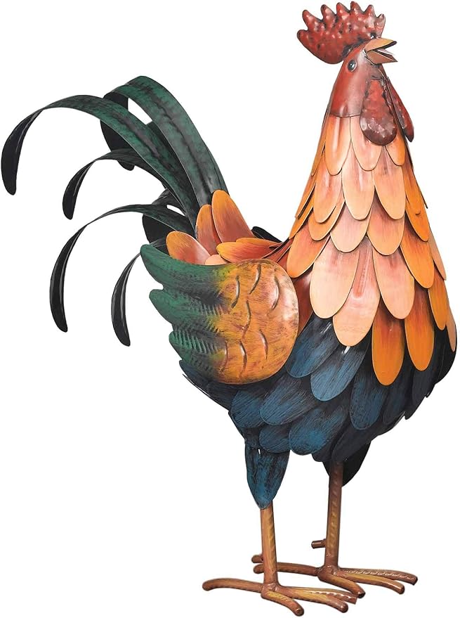 Regal Art & Gift Handcrafted Metal Rooster Statue, Weather-Resistant Farmhouse Yard Art, Indoor/Outdoor Garden Sculpture, Detailed Feather Design, Decorative Bird for Home & Garden, Golden, 16” Height