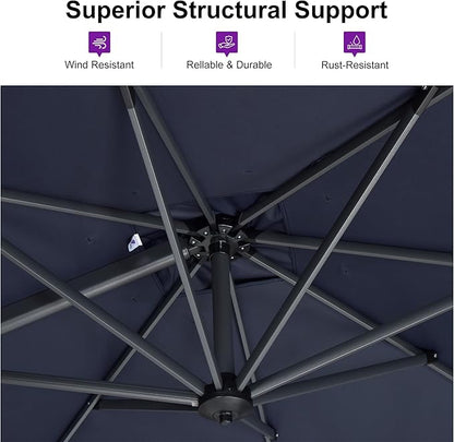 PURPLE LEAF 10 Feet Patio Umbrella Outdoor Cantilever Round Umbrella Aluminum Offset Umbrella with 360-degree Rotation for Garden Deck Pool Patio, Navy Blue