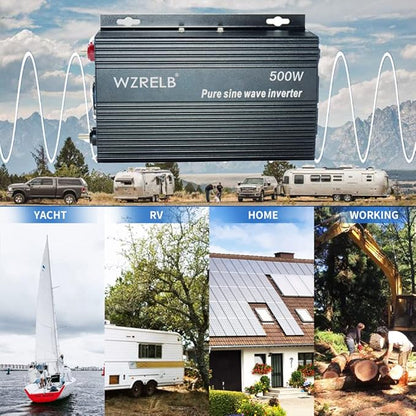 WZRELB 500W Pure Sine Wave Inverter 12VDC to 120VAC Solar Power Converter Truck RV Home LCD Display