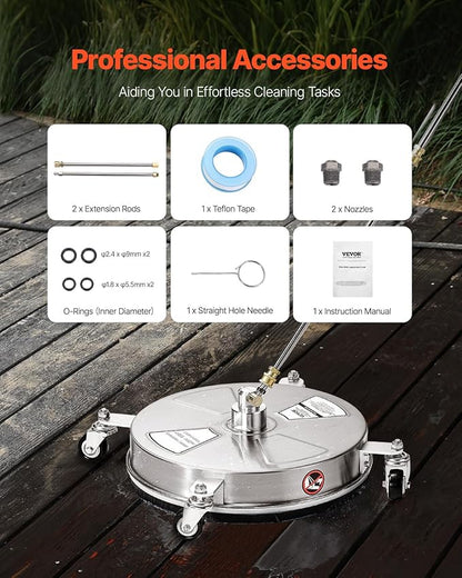 VEVOR 15" Pressure Washer Surface Cleaner, Stainless Steel Pressure Washer Attachments with 4 Wheels, 4000 Max PSI, 1/4 Quick Connector, 2 Spray Nozzles, 2 Extended Wands for Concrete, Patio, Deck