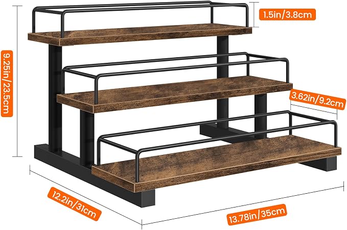 Homode Liquor Bottle Display Shelf, Coffee Syrup Rack Organizer, 3 Tier Wine Rack Countertop, Home Retro Bar Shelf Stand Holder for Liquor Whiskey Spirits, Mini Bar, Liquor Cabinet, Rustic Brown