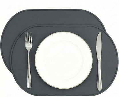 Oval Silicone Placemats Set of 2, 15.8 x 10.5in, Table Protector, Gray | Food-grade Silicone , Non-slip , Raised Edge Heat Resistant, Easy Clean , Compact Size, for Dining Table