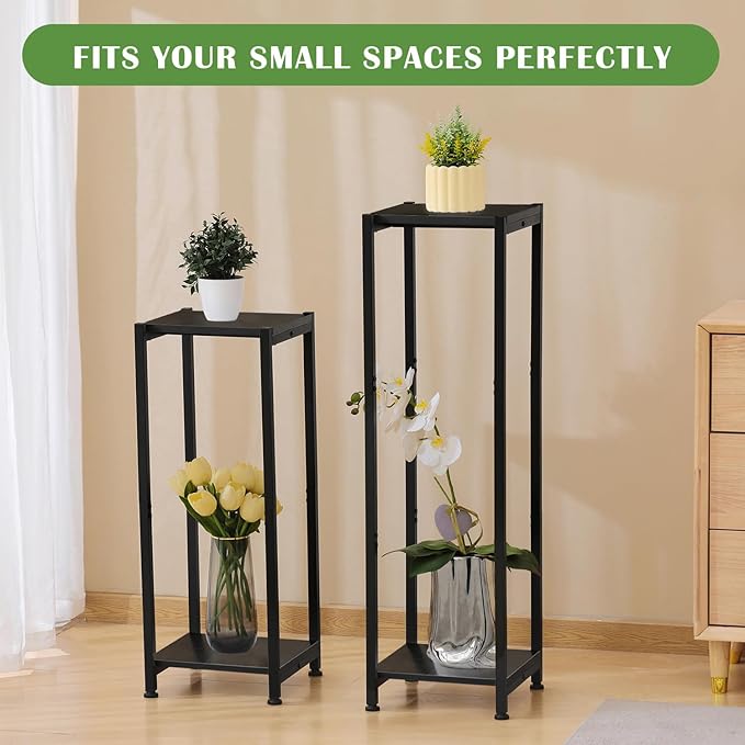 Tall Plant Stand Indoor,31 Inch Plant Stands,2 Tier Metal Plant Stand with Heavy Duty Wood,Black