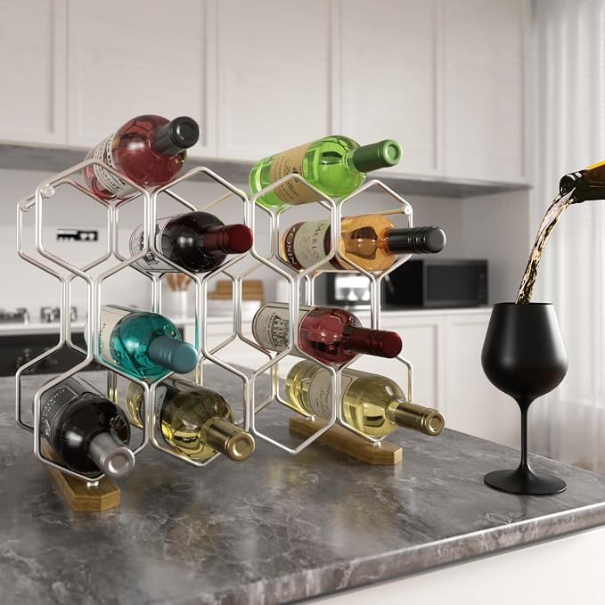 Buruis Countertop Wine Rack with Acacia Base, 14-Bottle Modern Freestanding Metal Holder for Red and White Wine, Tabletop, Kitchen, Bar, and Cabinet Storage (Chrome)