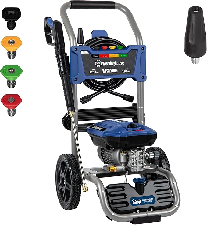 Westinghouse WPX2700e Electric Pressure Washer, 2700 PSI and 1.76 Max GPM, Induction Motor, Onboard Soap Tank, Spray Gun and Wand, 5 Nozzle Set, for Cars/Fences/Driveways/Homes/Patios/Furniture