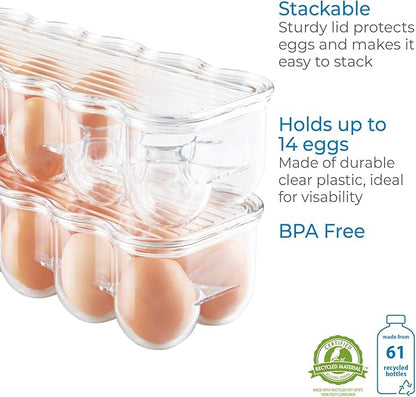 iDesign Plastic Egg Holder for Refrigerator with Handle and Lid, Fridge Storage Organizer for Kitchen, Holds up to 14, 4.25" x 14.5" x 3", Clear