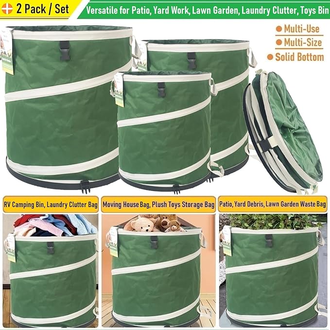 24 Gallon and 46 Gallon Collapsible Trash Can Solid Bottom for Yard Waste Bag,Garden Debris Bag,Pop-Up Trash Can,Recycling Bin,RV Camping Waste Bin,Laundry Hamper,Lawn Grass,Yard Weeds Bags,Leaf Bags