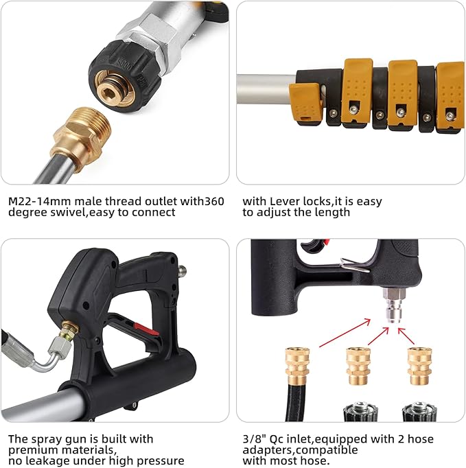 Tecoloy 24 FT Telescoping Pressure Washer Wand with Power Washer Extension Wand, Support Belt, Gutter Cleaner Attachment, 5 Spray Nozzle Tips and 2 Hose Inlet Adapters