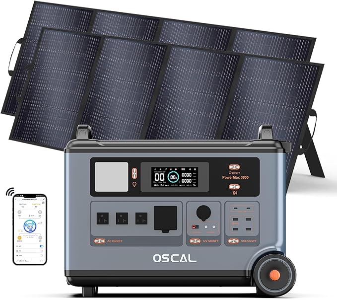 OSCAL PowerMax 6000 120V/240V Solar Generator with 2×400W Solar Panel, 6000W AC Outlets (7200W Peak) 3600Wh Power Station, 2200W AC Charging/2400W Solar Charging, Emergency for Home, Battery Backup