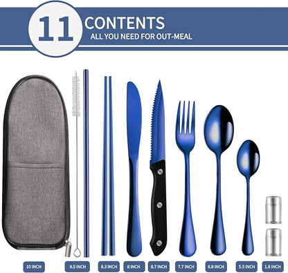 Logcow Travel Utensils Set with Case, 10-Piece Reusable Stainless Steel Camping Cutlery, Portable Fork Spoon Knife Chopsticks & Straw for Work, Lunch, Picnic (Blue)