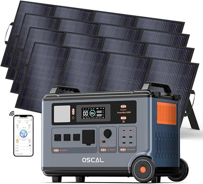 OSCAL PowerMax 6000 120V/240V Solar Generator with 4x400W Solar Panel, 6000W Portable Power Station AC Outlets (9000W Peak), 2200W AC Charging/2400W PV Charging, Battery Backup for Home, Emergency
