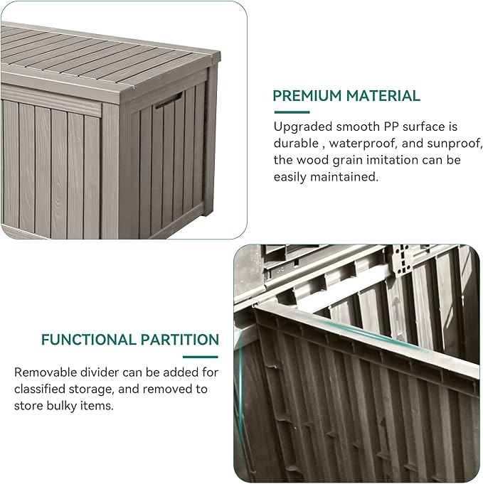 YITAHOME 150 Gallon Large Deck Box w/Divider, XL Waterproof Outdoor Storage for Patio Furniture,Outdoor Cushions, Garden Tools, Sports Equipment and Pool Supplies, Resin, Lockable, Taupe