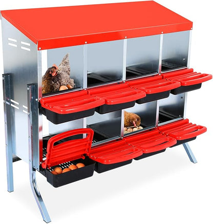 Chicken Nesting Box, 6-Hole Metal Wall Mount Chicken Laying Boxes with Legs and Lid Cover, Easy to Assemble, Roll-Away Egg Design Nesting Boxes for Outdoor Chicken Coop & Farm Yard, Red