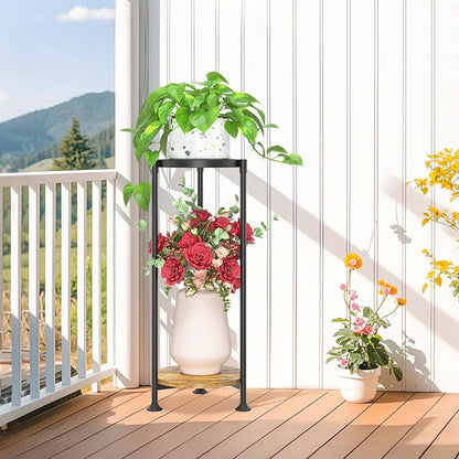 LASZOLA 2 Tier Black Plant Stand Indoor for Large Tall Heavy Duty Flower Planter, Metal Vertical Multi Level Rack for Narrow Floor Corner, Sturdy Round Holder Organizer, Modern, Mid Century, Farmhouse