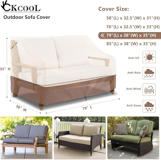 Okcool Heavy Duty Patio Sofa Cover, 100% Waterproof 3-Seater Outdoor Sofa Cover Fits up to 79W x 38D x 35H Inches, Lawn Patio Furniture Covers,Beige & Brown