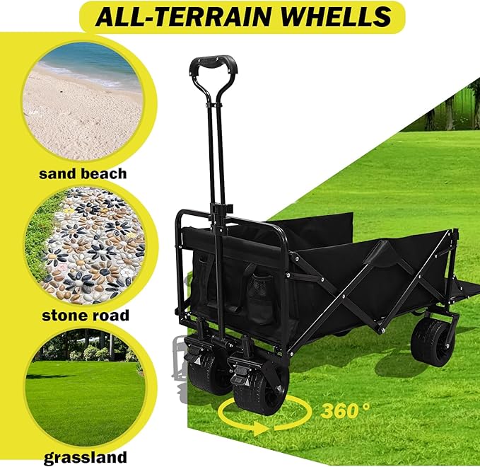 Collapsible Folding Wagon with Tailgate, Extra Long Extender Cart, Large Capacity Folding Garden Wagon, Heavy Duty Utility Carts for Shopping, Beach, Garden, Sports, Outdoor