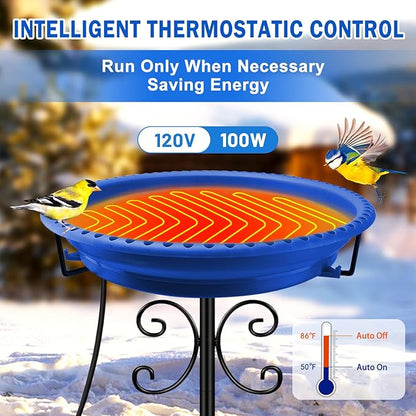 Daoeny Heated Bird Bath for Winter, Upgraded 100W Heated Bird Baths for Outdoors Thermostat Control with 5-Prong Metal Base, Heated Bird Bath for Outside Winter Garden Patio Yard Lawn (Blue)