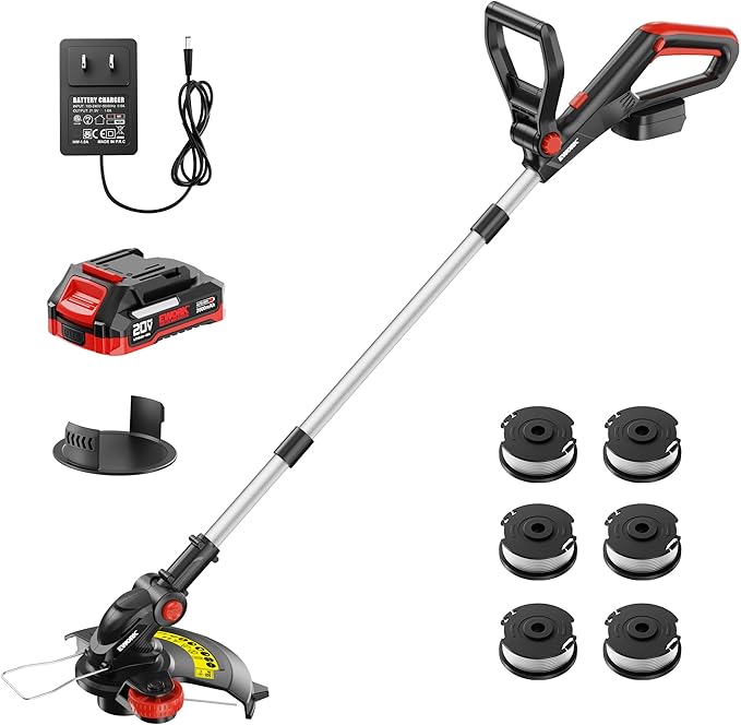 EWORK 20V Cordless String Trimmer 12-Inch Trimmer and Edger with Auto Line Feed, Electric Weed Wacker with 2.0Ah Battery and Charger & 6 Replacement Spools for Lawn, Garden, Yard, etc