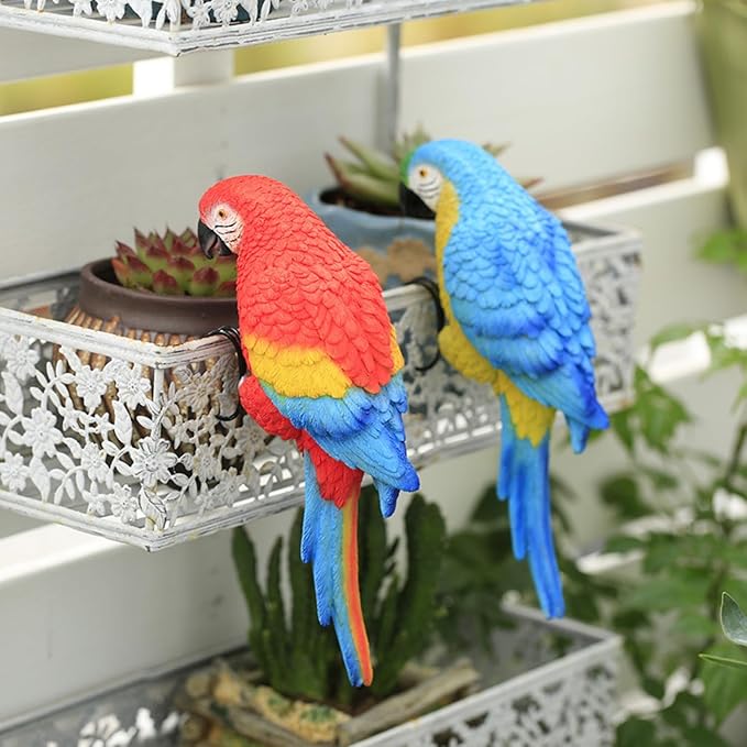 Realistic Parrot Sculpture Resin Hanging Parrots Garden Statues Lifelike Bird Figurines Landscape Ornament Patio Yard Lawn Figurine Tree Decor, Outdoor Garden Wall Statues (Red)