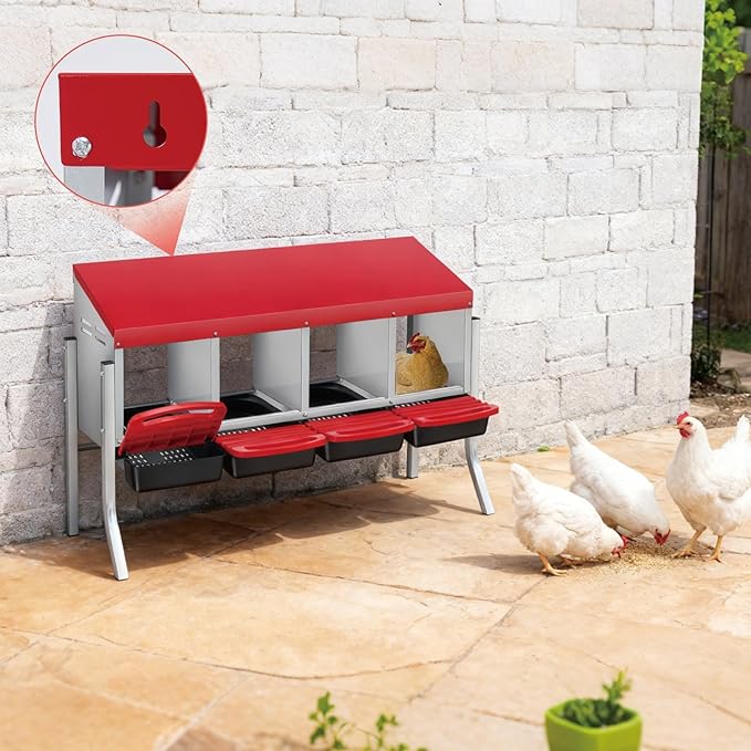 Chicken Nesting Boxes with Rollout Egg Collection – 4-Compartment Metal Hen Nest Box with Removable Trays, Slanted Roof & Ventilation, Wall Mount or Standing for Backyard Poultry Coop, Red