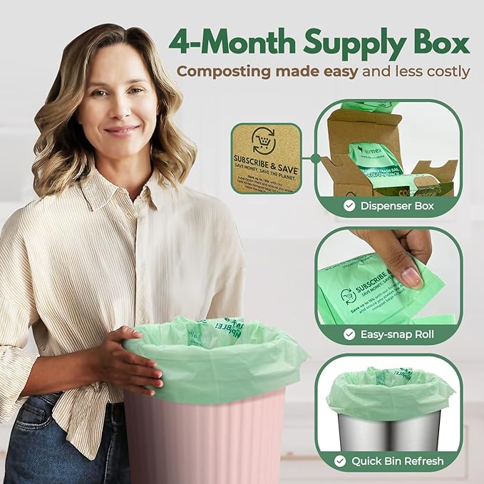 Compost Bags for Countertop Bin -Compostable Trash Bags made of Cornstarch - Leakproof & Tear Resistant Biodegradable Trash Bags - OK Compost Home & Seedlings Certified (8 Gallon, 100 Count)