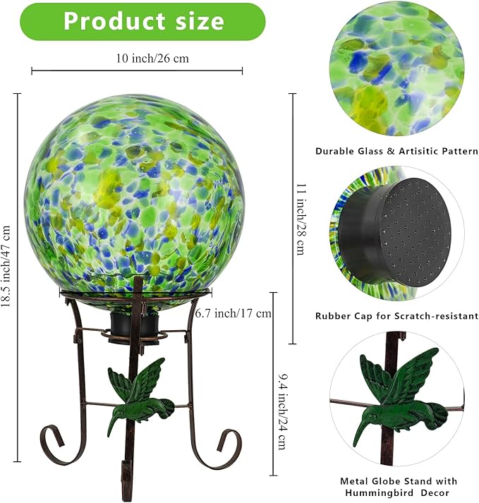10 Inch Glass Gazing Ball, with 9.4" Tall Metal Gazing Globe Stand, Glass Balls Display Holder Set for Outdoor Garden Lawn Yard Decoration, Bright Summer Burst