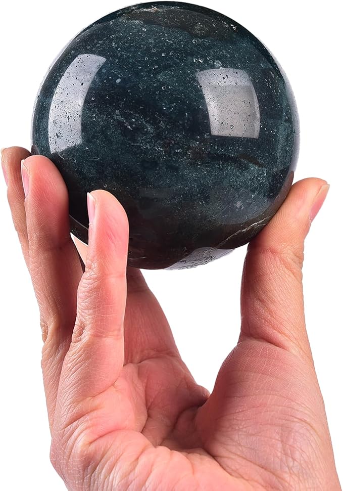 JIC Gem Ocean Jasper Crystal Ball with Wooden Stand Healing Crystal Sphere Ball for Feng Shui Decor Spiritual Gifts 70-80mm
