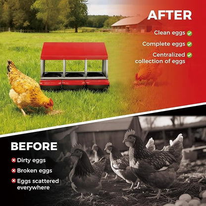 3 Compartment Metal Chicken Nesting Box, Includes 3 Soft Hay Mats, Automatic Roll-Out Egg Collection, Waterproof Galvanized Steel Laying Box with Perch & Wall Mount, for Hens Ducks Rabbits