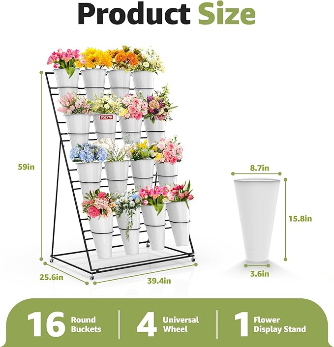 Flower Display Stand 4 Layers with 16 PCS Round Buckets, Plant Stand with Wheels, Movable Metal Plant Stand for Terrace Garden, Florist Shop