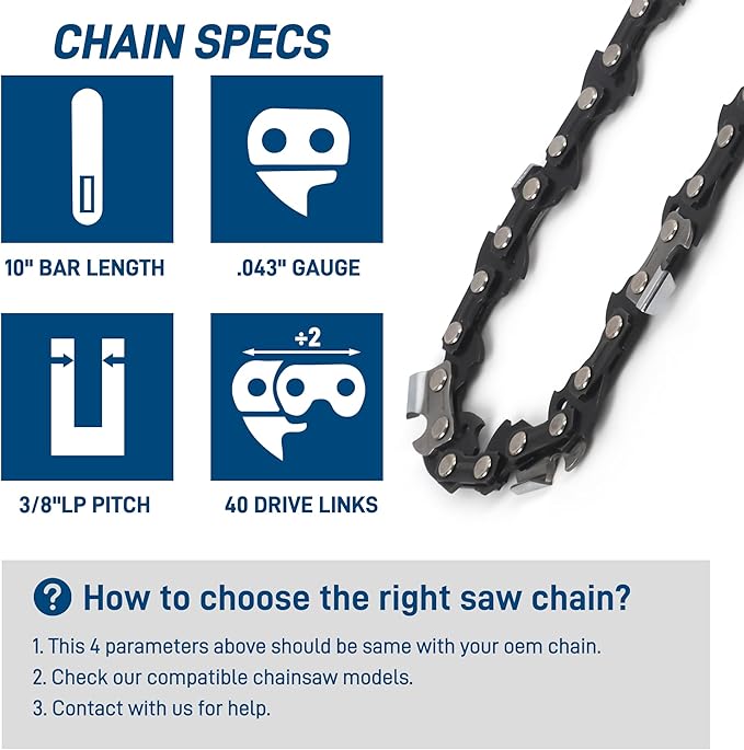 3-Pack 10 Inch Chainsaw Chain, 3/8" LP Pitch .043" Gauge 40 Drive Links for Milwaukee Pole Saw M18 FUEL, 49-16-2723, Worx WG323, WG323.9, Ryobi P546, Black and Decker LCS1020, Oregon R40 and More