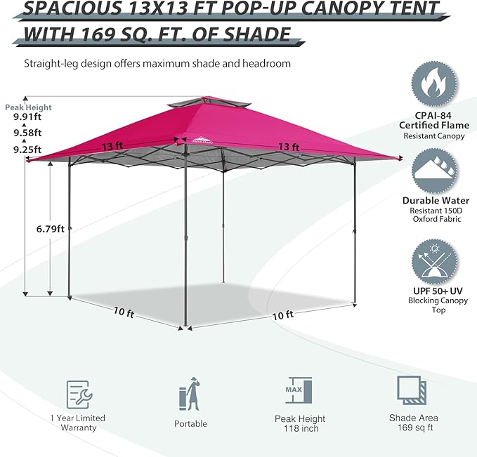 EAGLE PEAK 13x13 Straight Leg Pop Up Canopy Tent Instant Outdoor Canopy Easy Single Person Set up Folding Shelter w/Auto Extending Eaves 169 Square Feet of Shade (Deep Pink)