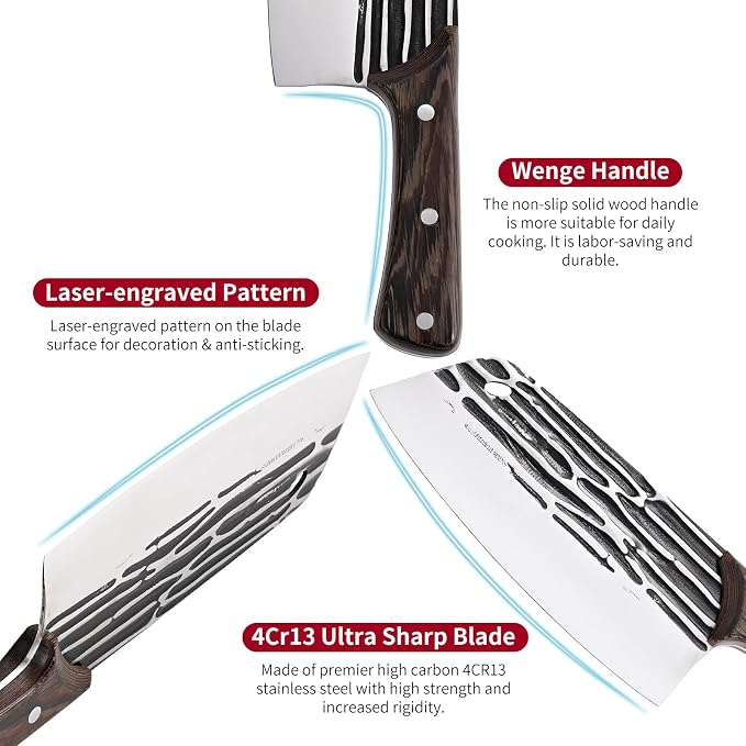 SHI BA ZI ZUO Forged Meat Cleaver Heavy Duty Kitchen Knife Chopping Knife for Vegetable and Meat Cutting,with Non-Slip Wooden Handle