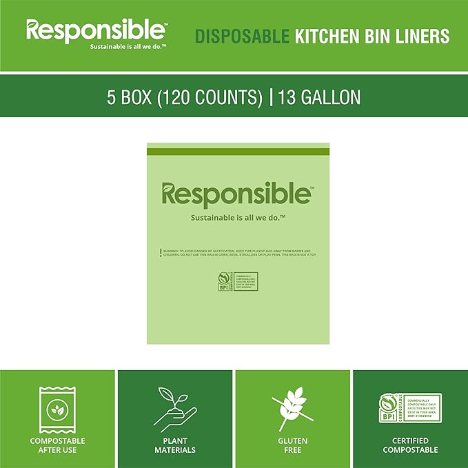 Responsible Products Kitchen Bin Liners, Certified Compostable, Heavy Duty Multipurpose Food Scrap Bags, Made from Compostable Materials (13 Gallon, 13 Gallon (120 Count))