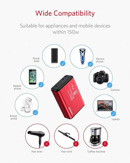 150W Power Inverter DC 12V to 110V AC Car Inverter with 4.2A Dual USB Car Adapter (Red)