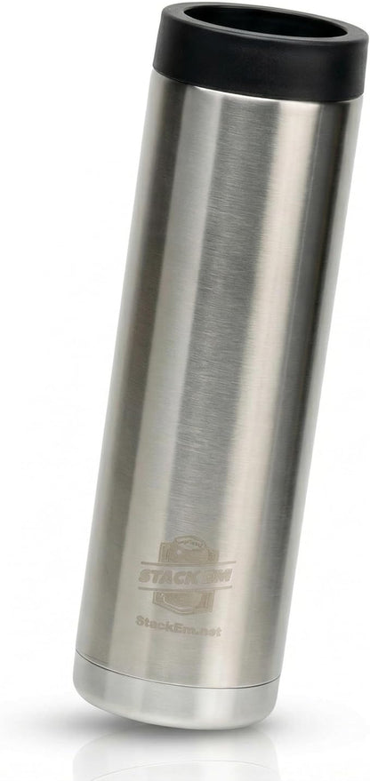 Stack'Em Patented Double Can Cooler Insulator - Holds Two 12 oz Cans - Stainless Steel Stackable Thermocooler - Reusable Drink Holder for Beer, Seltzer, Soda, Energy Drinks (Stainless Steel)