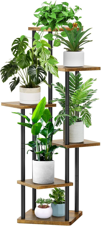 6 Tier Wood Tall Plant Stand Metal Rack Indoor, Multiple Flower Pot Holder Shelves Corner Rack, Planter Shelf Display Rack Storage Organizer for Patio Living Room Balcony Garden(Black)
