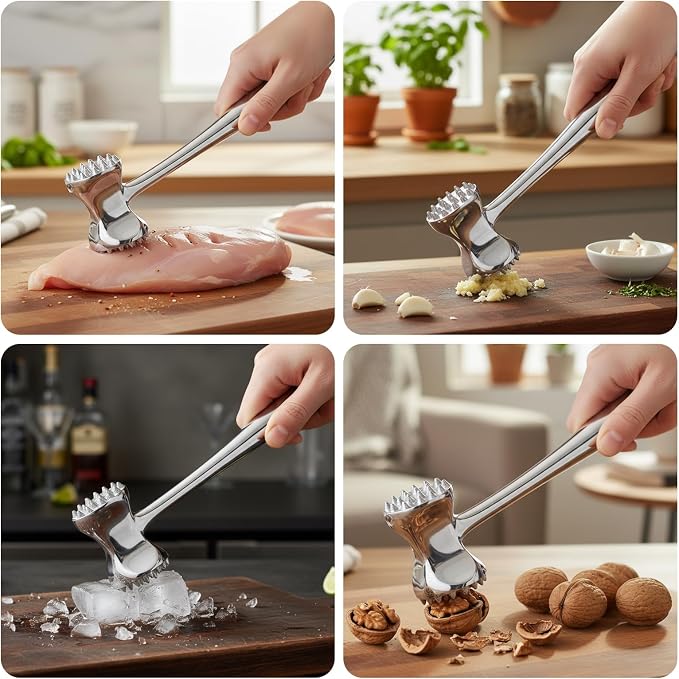 304 Stainless Steel Meat Tenderizer Mallet Dual Side Meat Hammer Chicken Pounder Heavy Duty Meat Beater for Steak and Beef Meat Pounder Kitchen Cooking Mallet Dishwasher Safe
