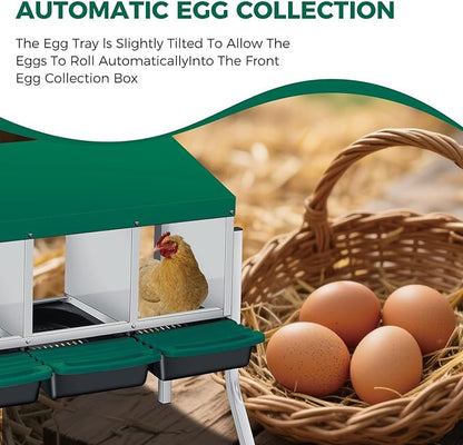 Chicken Nesting Boxes with Rollout Egg Collection – 3-Compartment Metal Hen Nest Box with Removable Trays, Slanted Roof & Ventilation, Wall Mount or Standing for Backyard Poultry Coop, Green