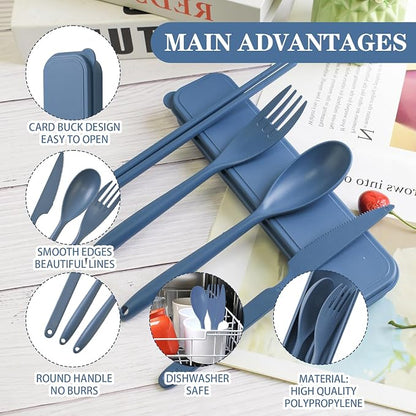 Large Reusable Travel Utensils Set with Case, Plastic Set for Adults Travel Picnic Camping, Portable Flatware Cutlery Set with Chopsticks for Daily Use(Dark Blue)