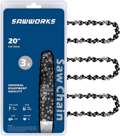 3-pack Chainsaw Chain 20 Inch, .325" Pitch .063" Gauge 81 Drive Links for 26RS-81, 26RM3-81 Stihl MS271 Farm Boss, MS291, MS290, MS261, 3639-005-0081, Oregon V81, L81, 22LPX081G